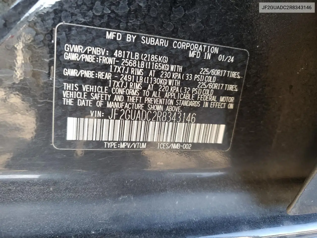 JF2GUADC2R8343146 2024 Subaru Crosstrek Premium