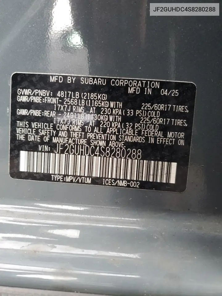 JF2GUHDC4S8280288 2025 Subaru Crosstrek Premium