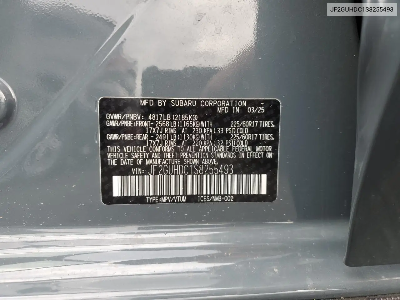 JF2GUHDC1S8255493 2025 Subaru Crosstrek Premium
