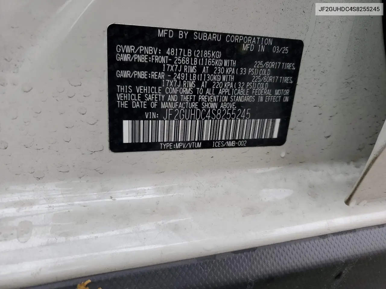 JF2GUHDC4S8255245 2025 Subaru Crosstrek Premium