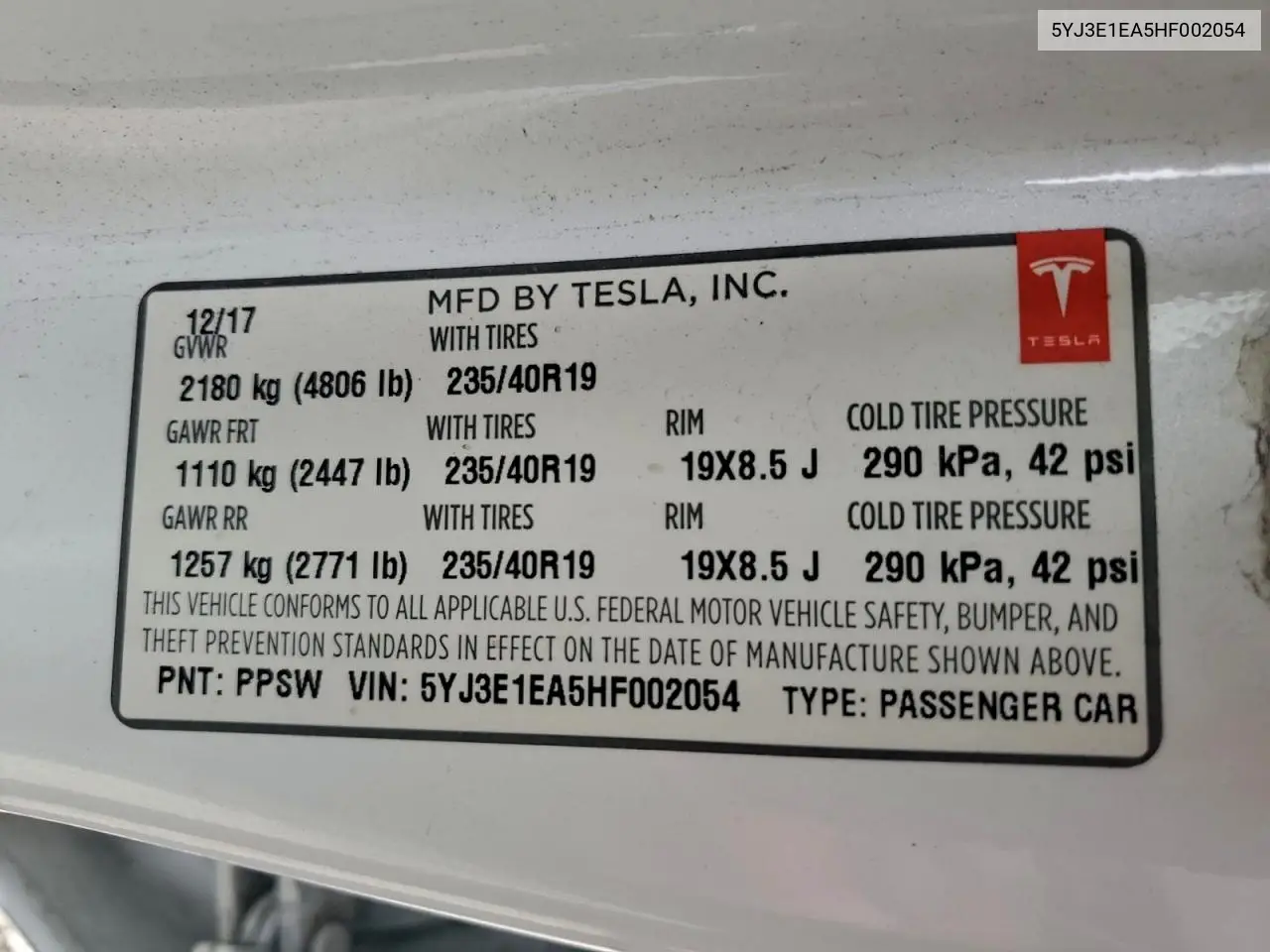5YJ3E1EA5HF002054 2017 Tesla Model 3