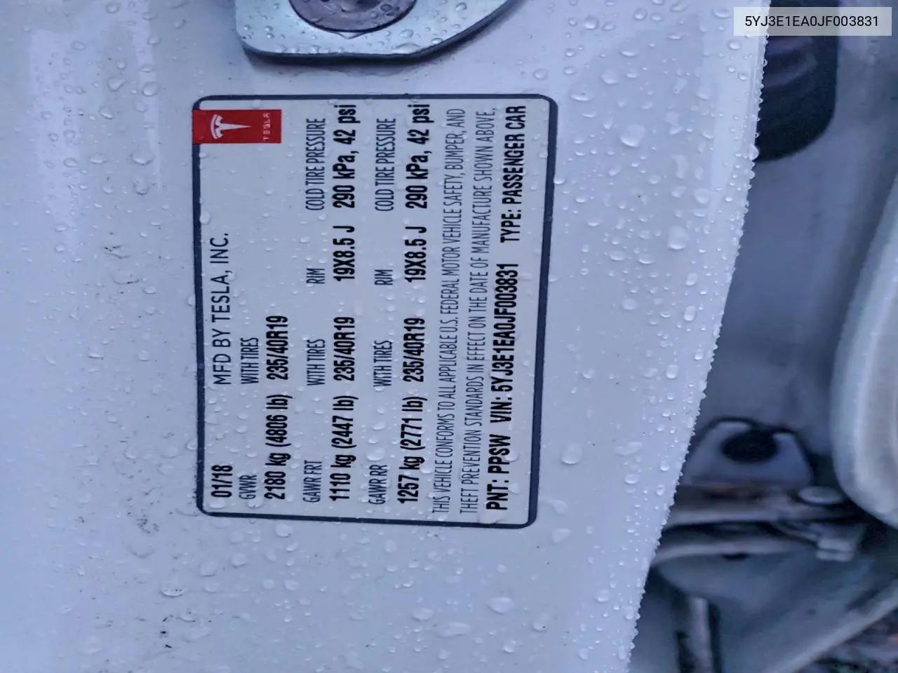 5YJ3E1EA0JF003831 2018 Tesla Model 3