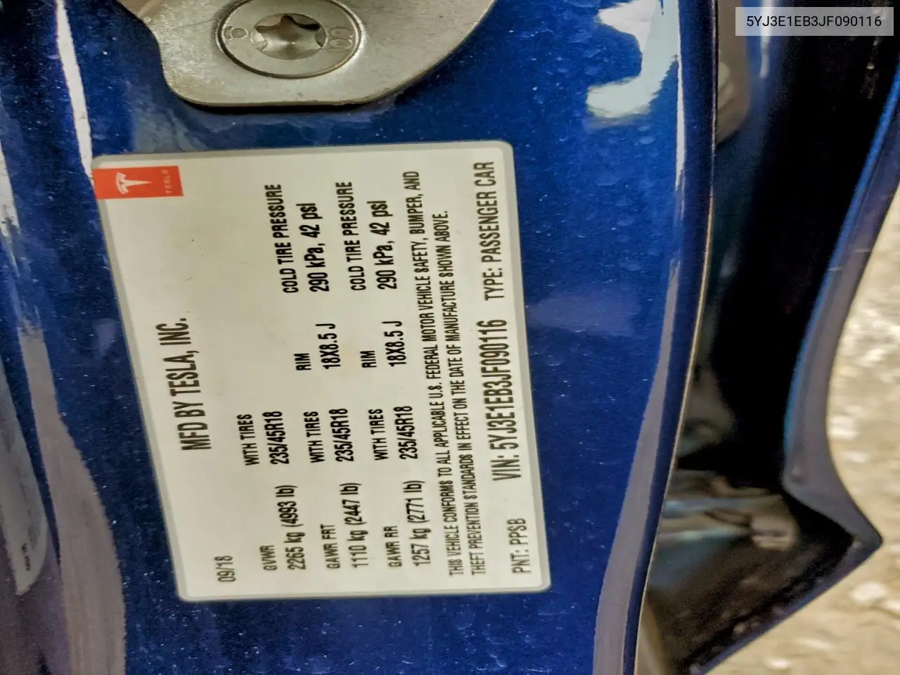 5YJ3E1EB3JF090116 2018 Tesla Model 3