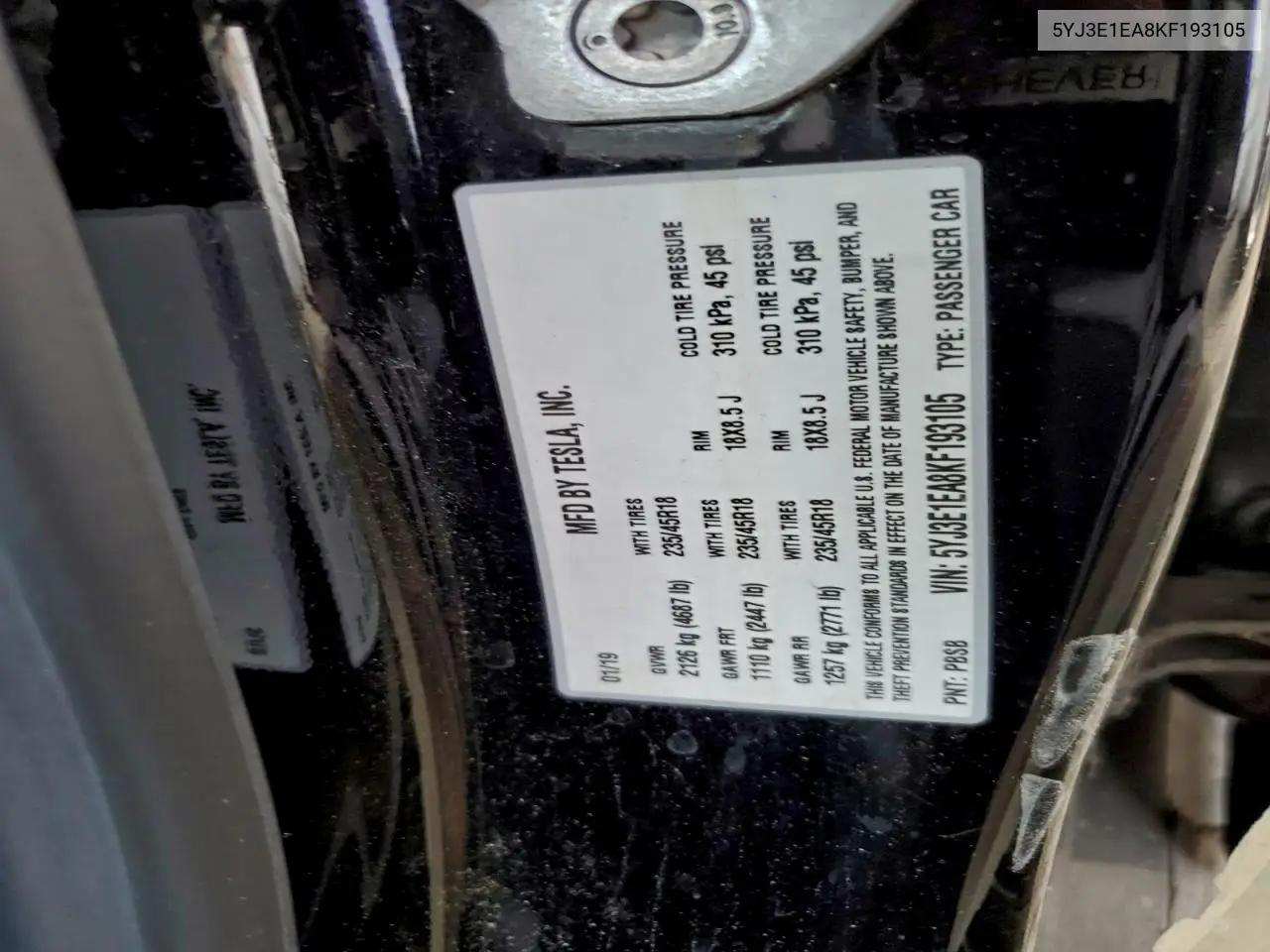 5YJ3E1EA8KF193105 2019 Tesla Model 3