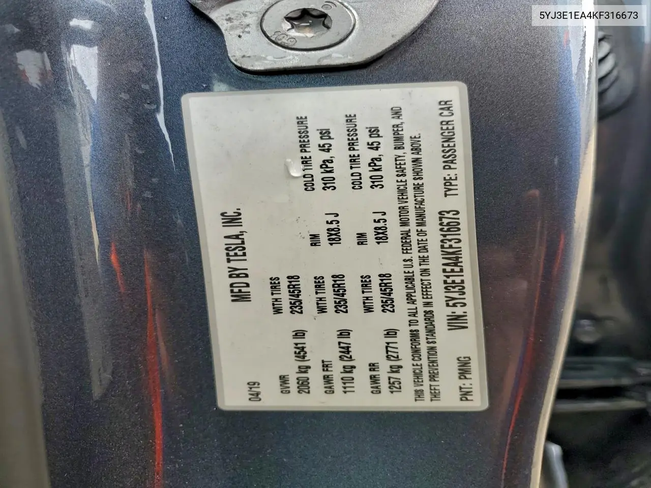 5YJ3E1EA4KF316673 2019 Tesla Model 3