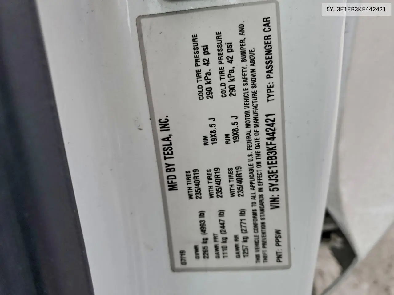 5YJ3E1EB3KF442421 2019 Tesla Model 3