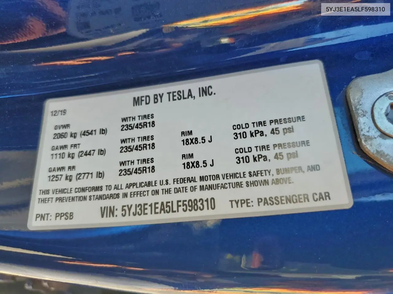 5YJ3E1EA5LF598310 2020 Tesla Model 3