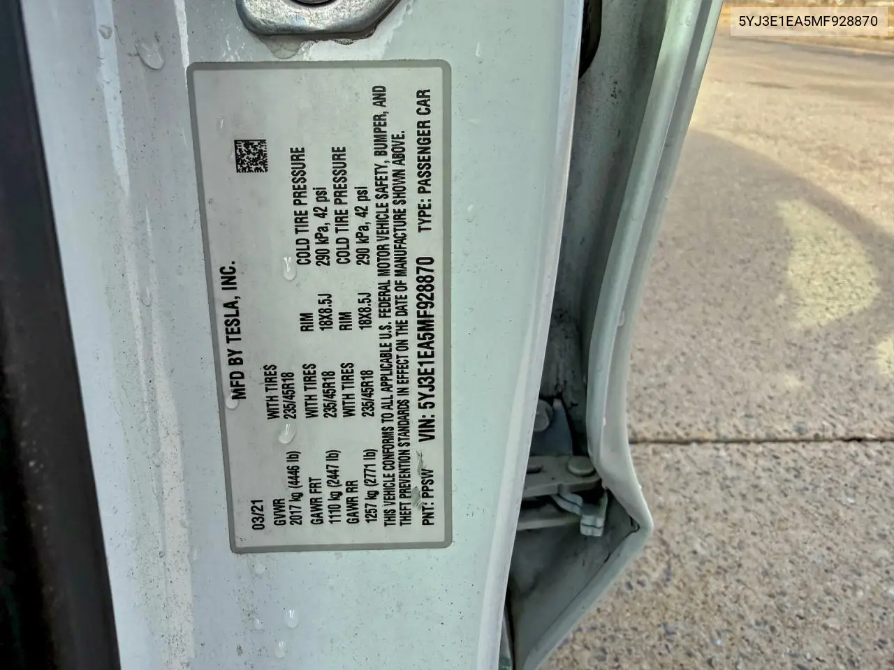 5YJ3E1EA5MF928870 2021 Tesla Model 3