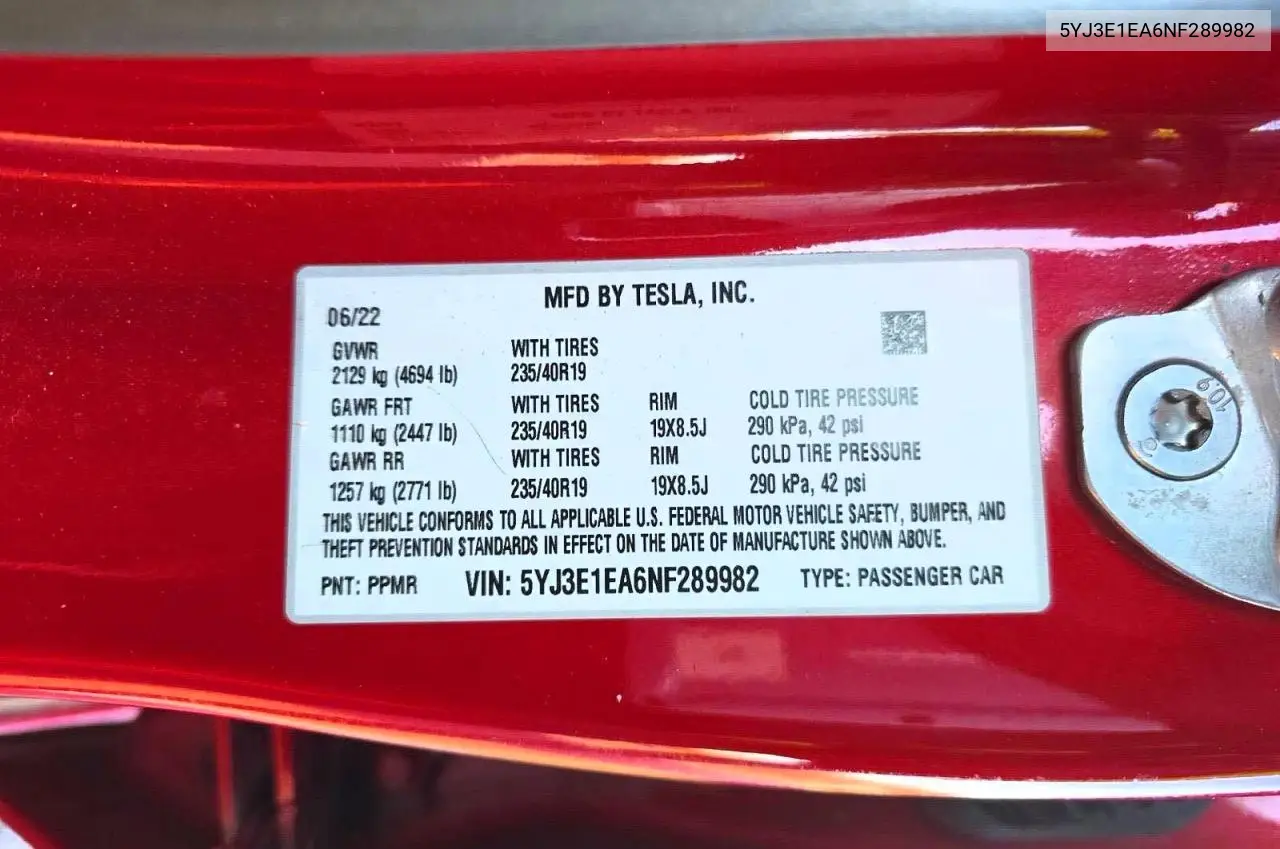 5YJ3E1EA6NF289982 2022 Tesla Model 3