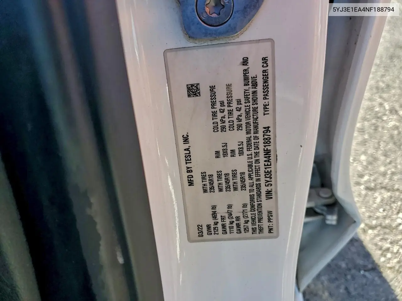 5YJ3E1EA4NF188794 2022 Tesla Model 3