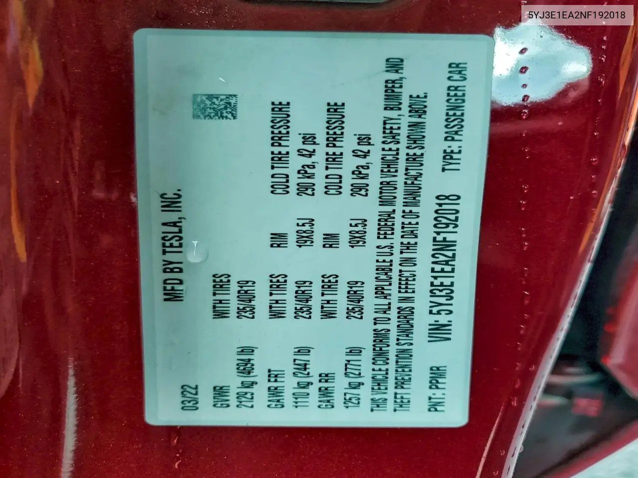5YJ3E1EA2NF192018 2022 Tesla Model 3