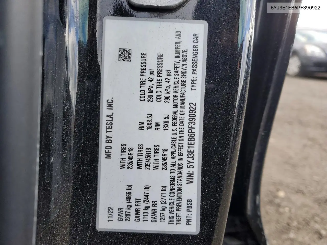 5YJ3E1EB6PF390922 2023 Tesla Model 3