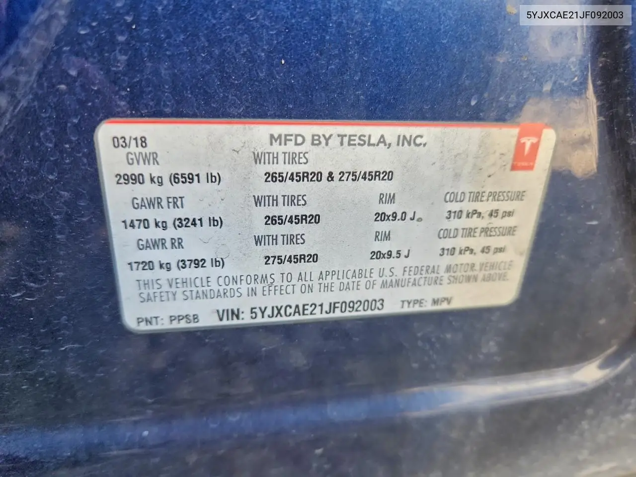 5YJXCAE21JF092003 2018 Tesla Model X