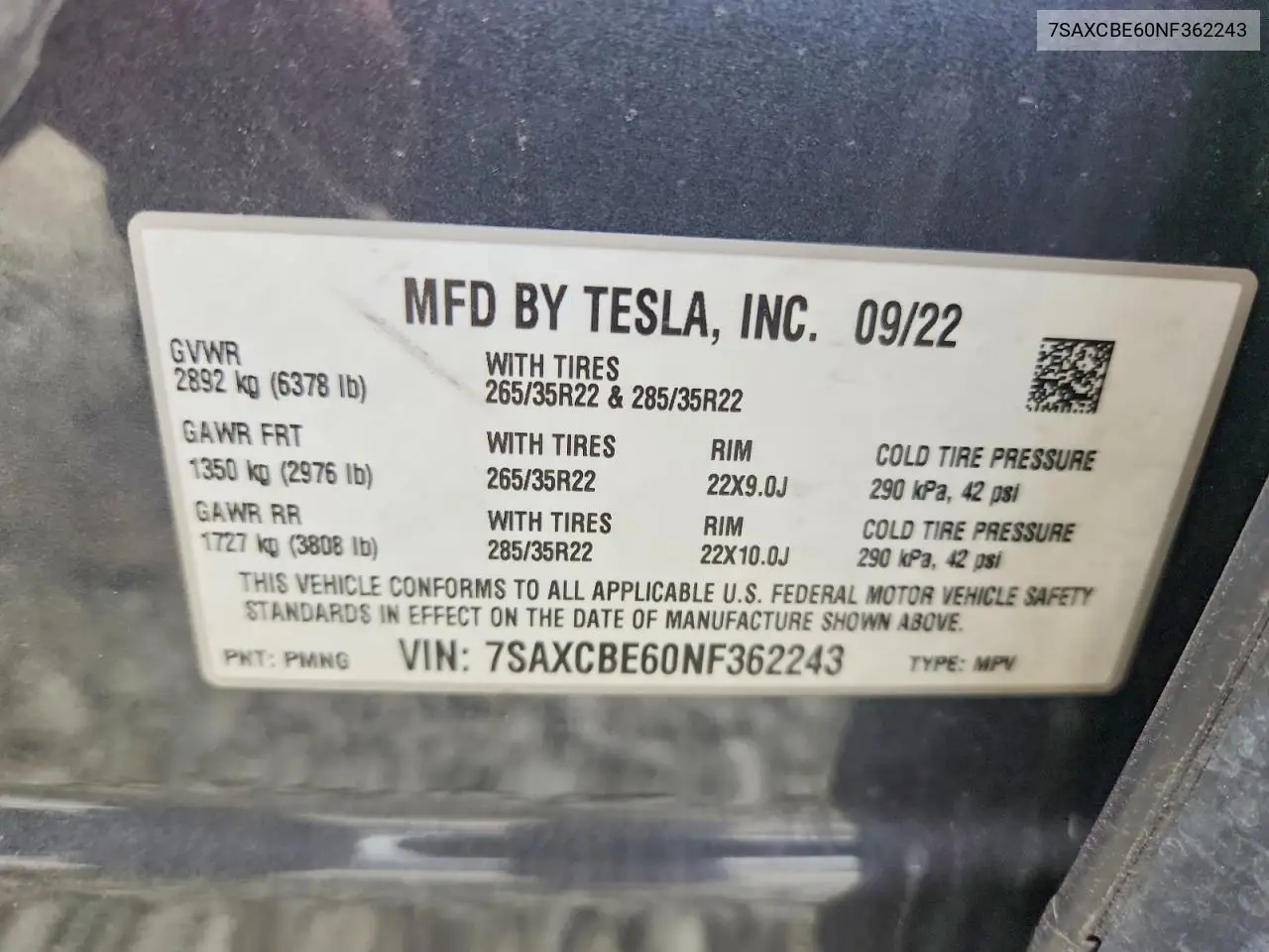 7SAXCBE60NF362243 2022 Tesla Model X