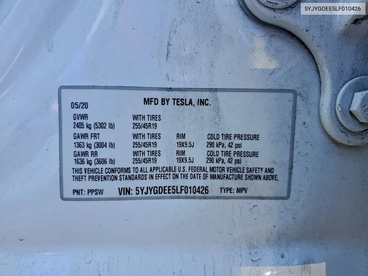 5YJYGDEE5LF010426 2020 Tesla Model Y