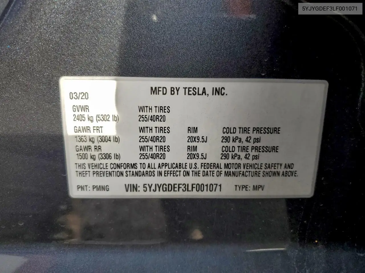 5YJYGDEF3LF001071 2020 Tesla Model Y