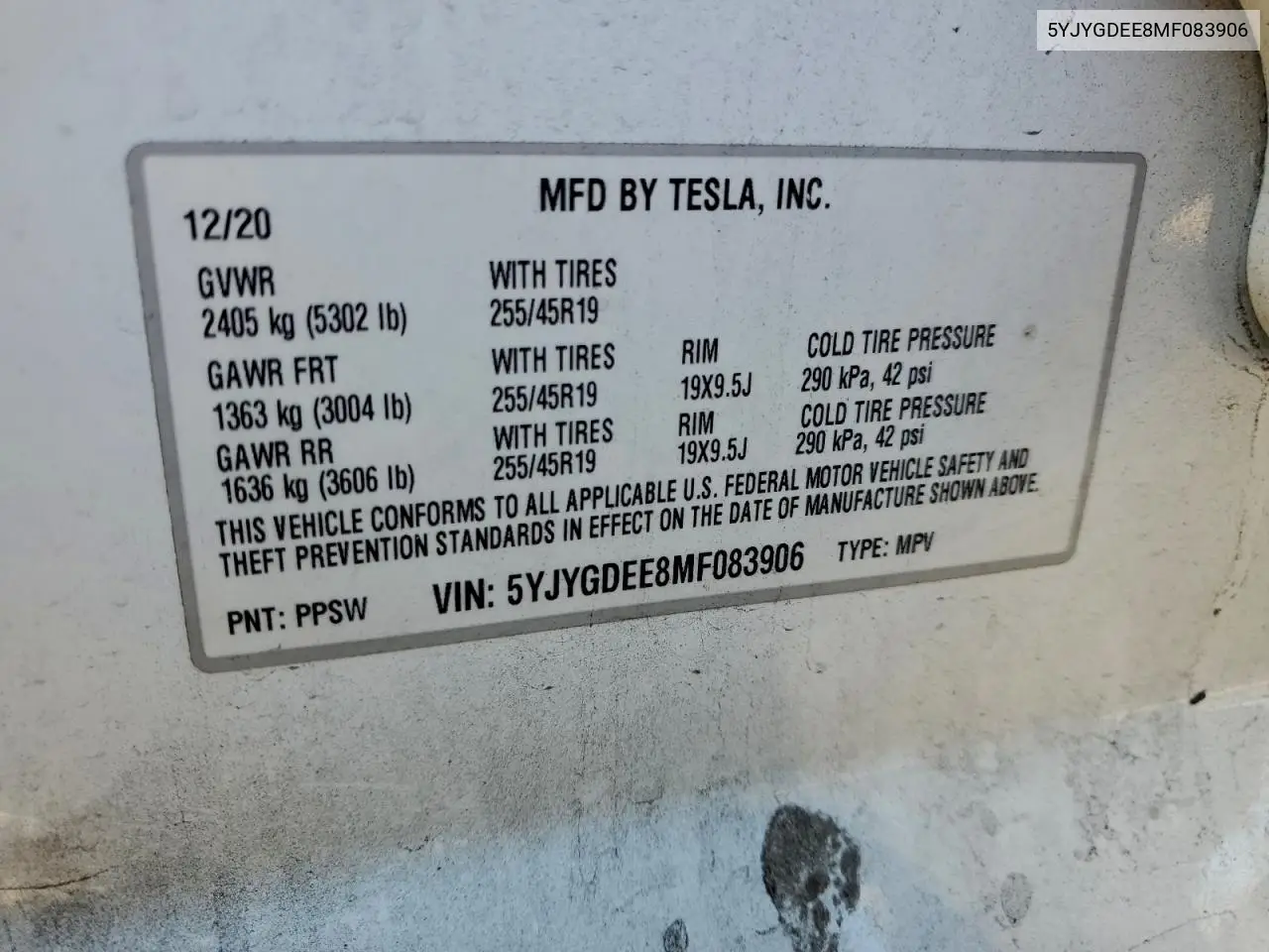 5YJYGDEE8MF083906 2021 Tesla Model Y