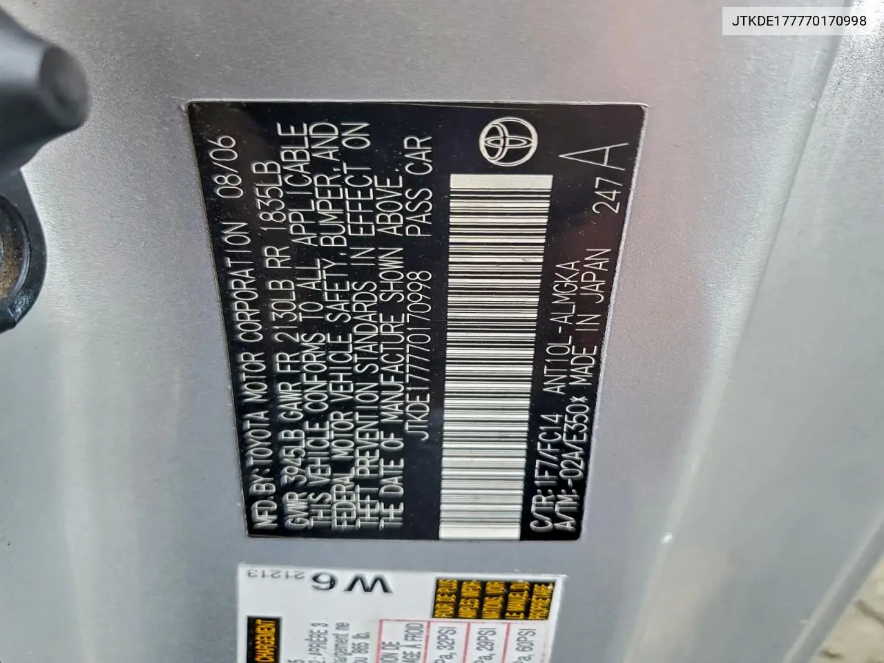 JTKDE177770170998 2007 Toyota Scion Tc