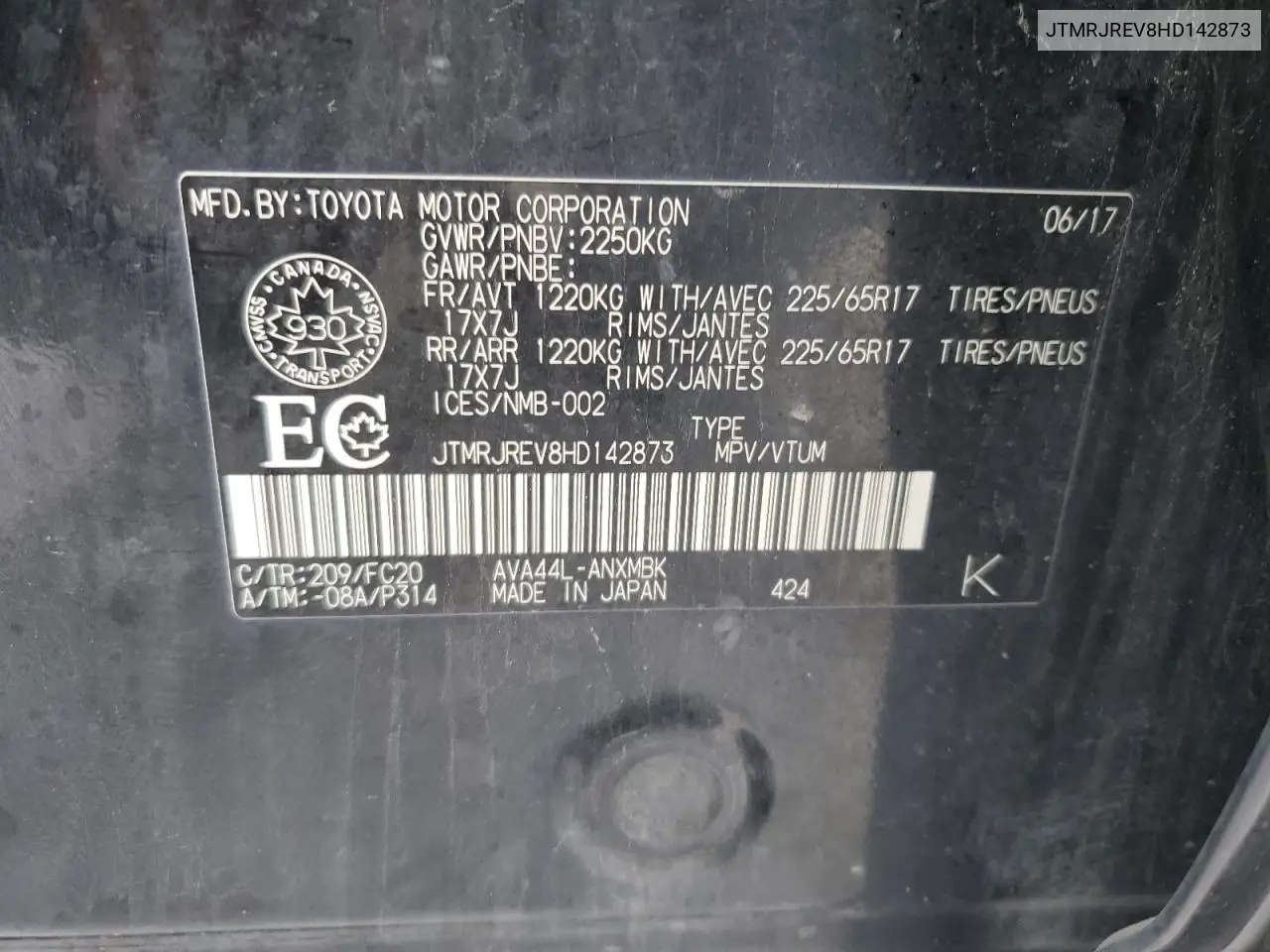 JTMRJREV8HD142873 2017 Toyota Rav4 Hv Le