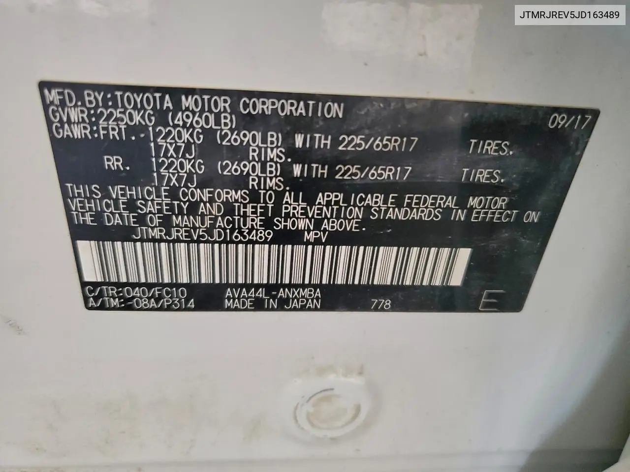 JTMRJREV5JD163489 2018 Toyota Rav4 Hv Le