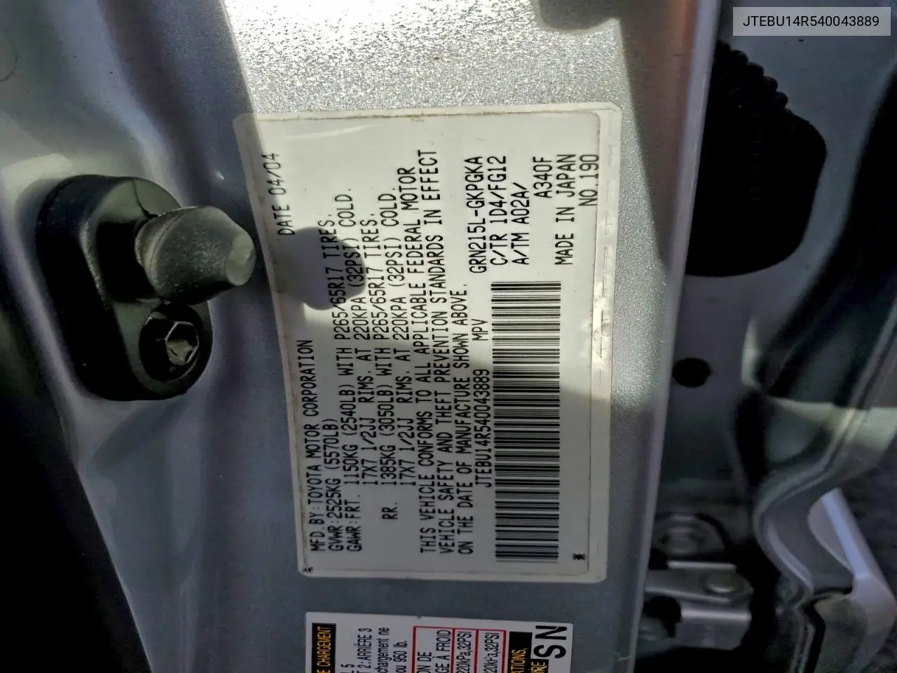 JTEBU14R540043889 2004 Toyota 4Runner Sr5