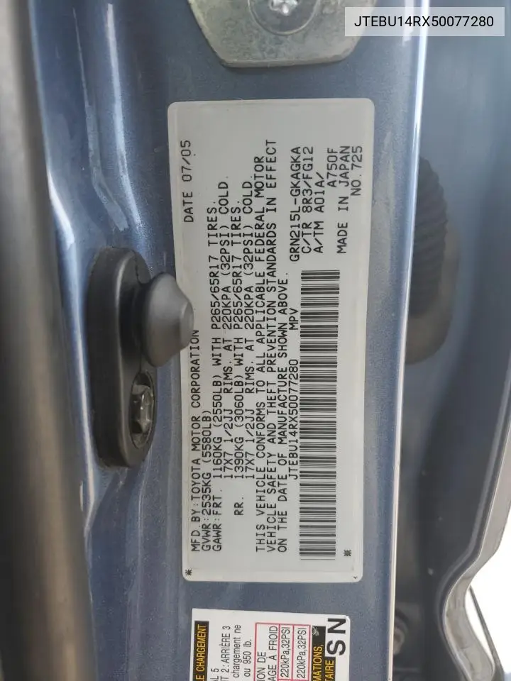JTEBU14RX50077280 2005 Toyota 4Runner Sr5