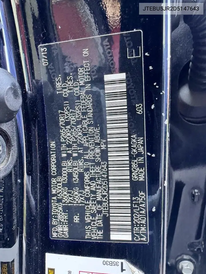 JTEBU5JR2D5147643 2013 Toyota 4Runner Sr5