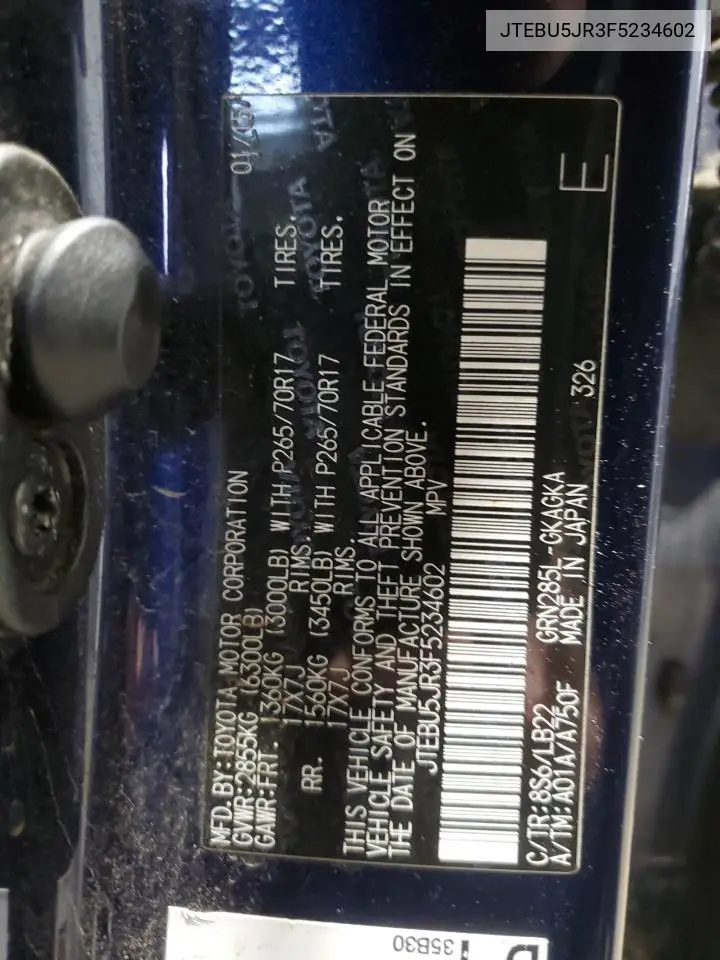JTEBU5JR3F5234602 2015 Toyota 4Runner Sr5/Sr5 Premium