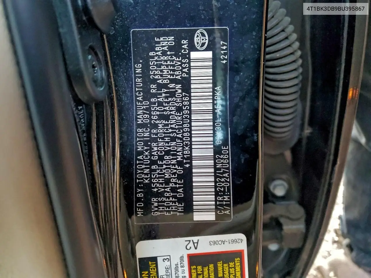 4T1BK3DB9BU395867 2011 Toyota Avalon Base