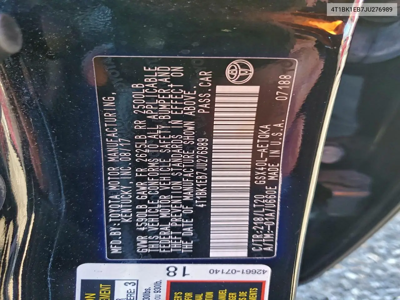 4T1BK1EB7JU276989 2018 Toyota Avalon Xle