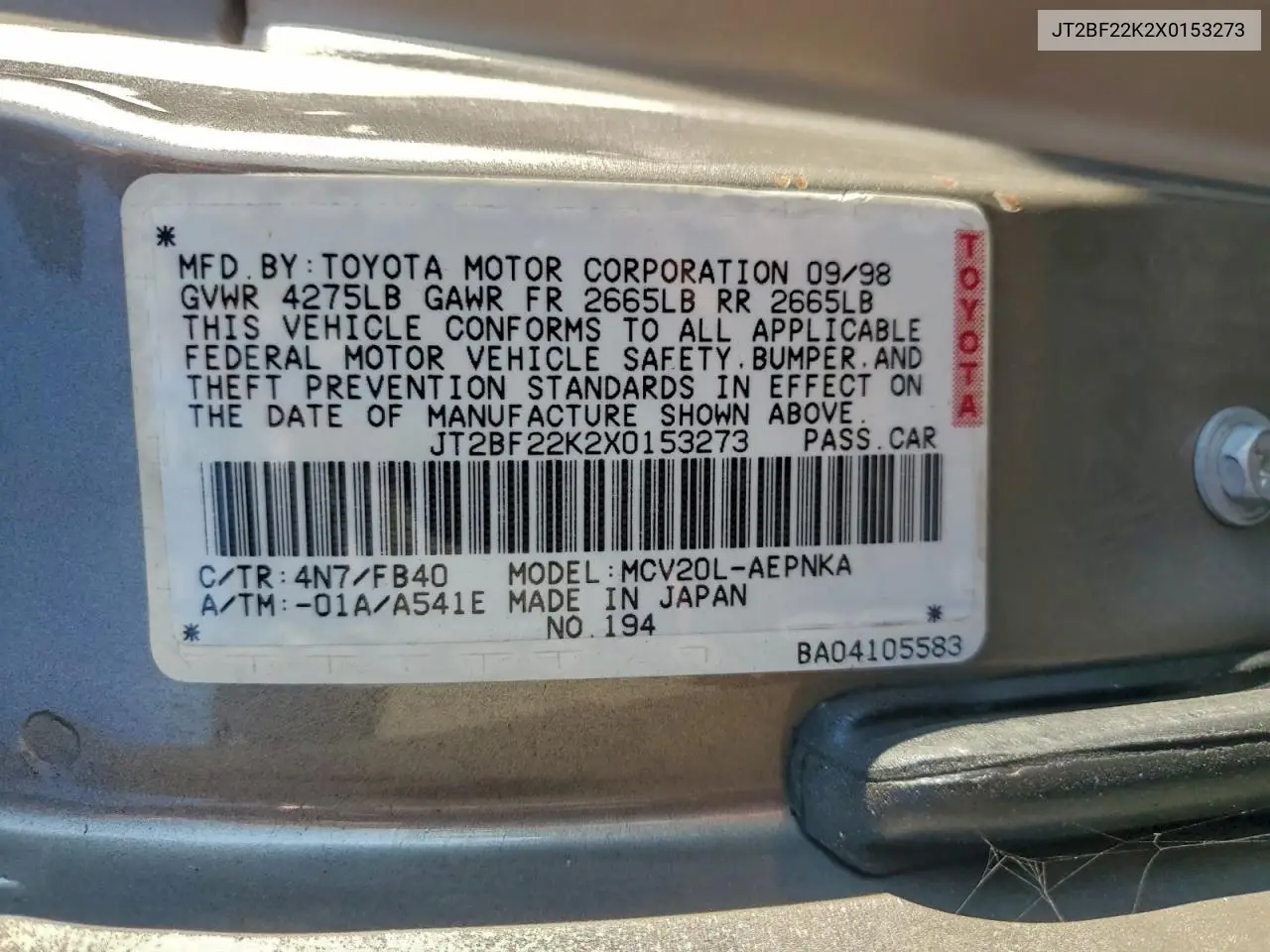 JT2BF22K2X0153273 1999 Toyota Camry Le