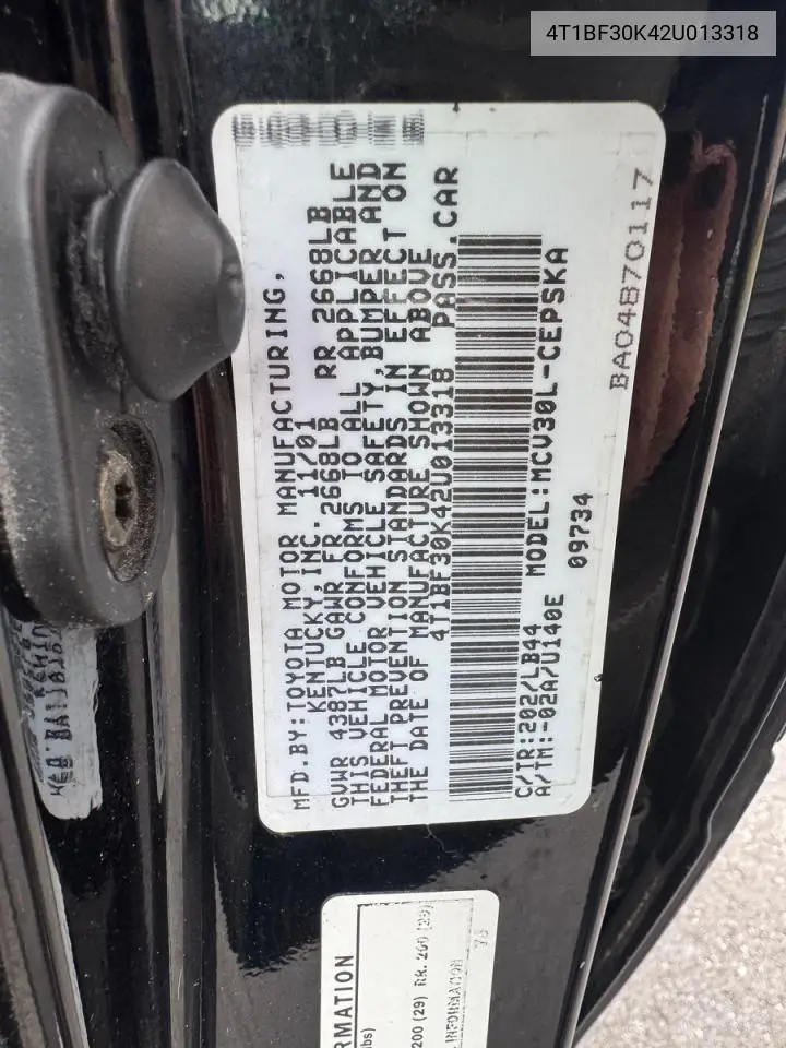 4T1BF30K42U013318 2002 Toyota Camry Le