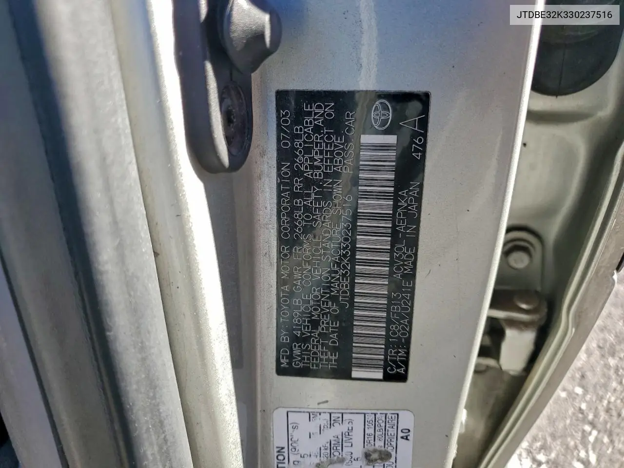 JTDBE32K330237516 2003 Toyota Camry Le