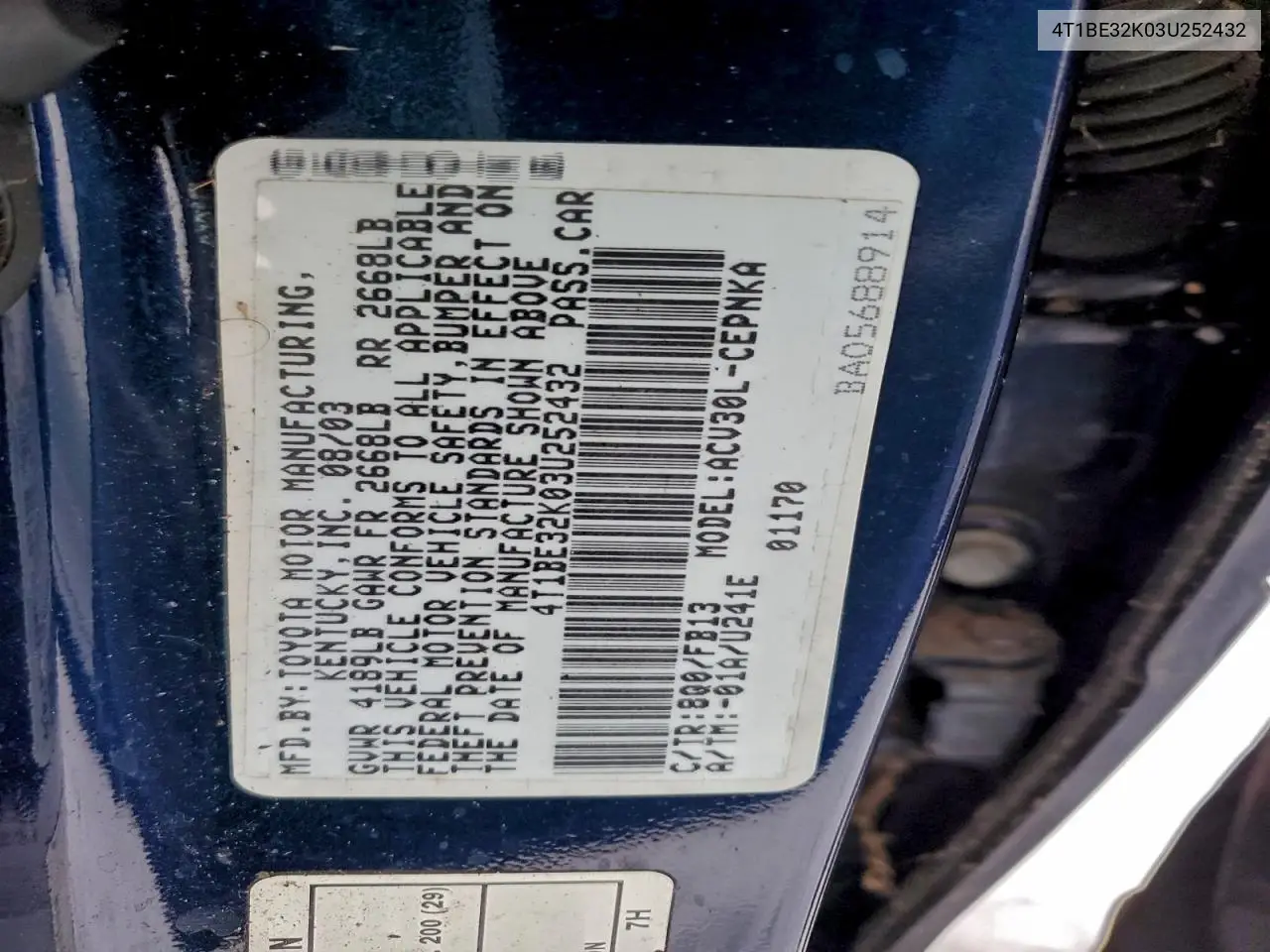 4T1BE32K03U252432 2003 Toyota Camry Le