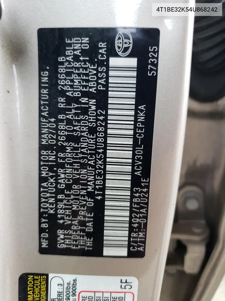 4T1BE32K54U868242 2004 Toyota Camry Le