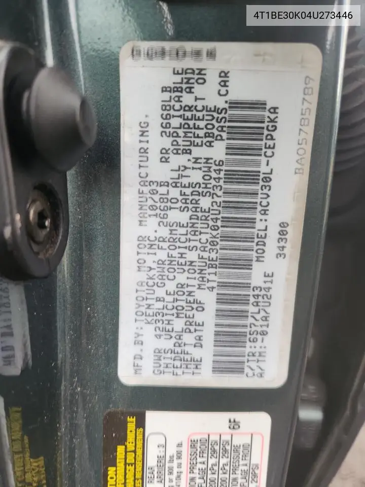 4T1BE30K04U273446 2004 Toyota Camry Le