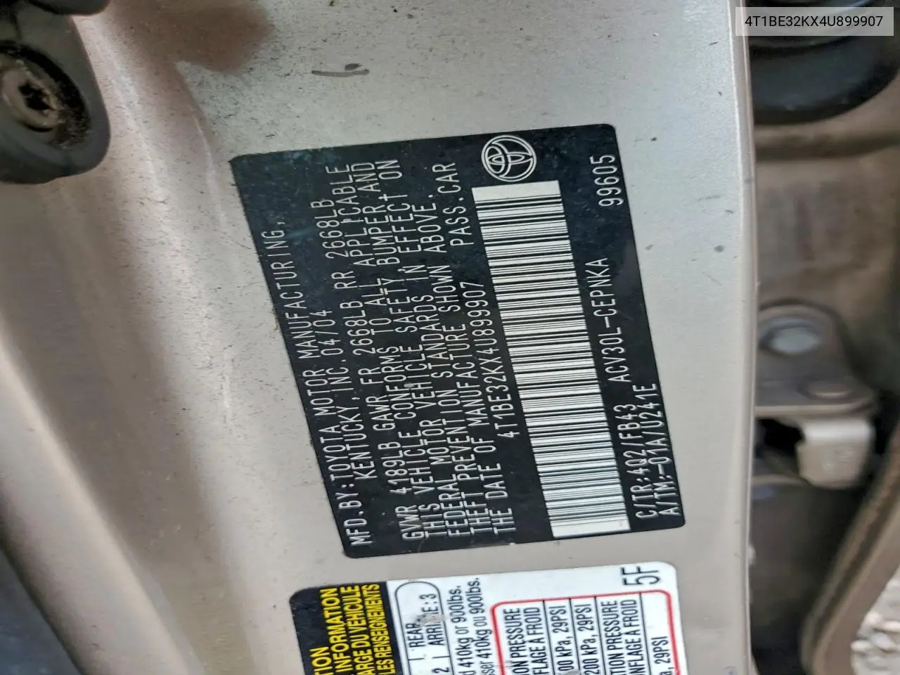 4T1BE32KX4U899907 2004 Toyota Camry Le