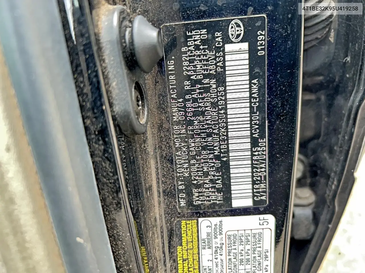 4T1BE32K95U419258 2005 Toyota Camry Le