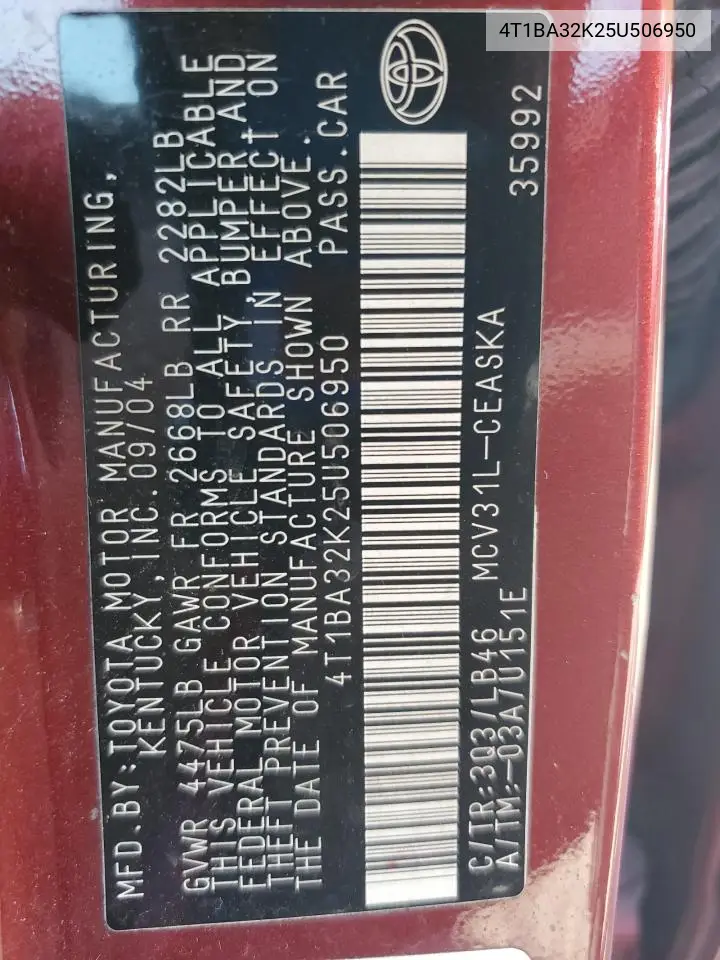 4T1BA32K25U506950 2005 Toyota Camry Se