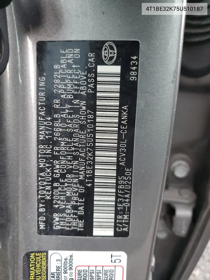 4T1BE32K75U510187 2005 Toyota Camry Le