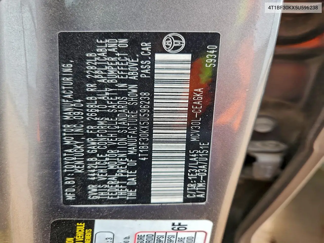 4T1BF30KX5U596238 2005 Toyota Camry Le