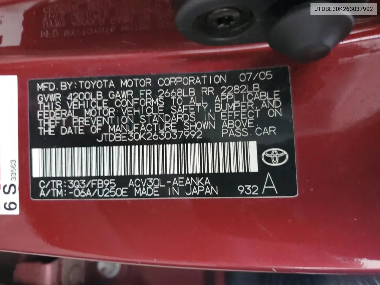 JTDBE30K263037992 2006 Toyota Camry Le