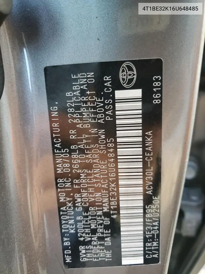 4T1BE32K16U648485 2006 Toyota Camry Le