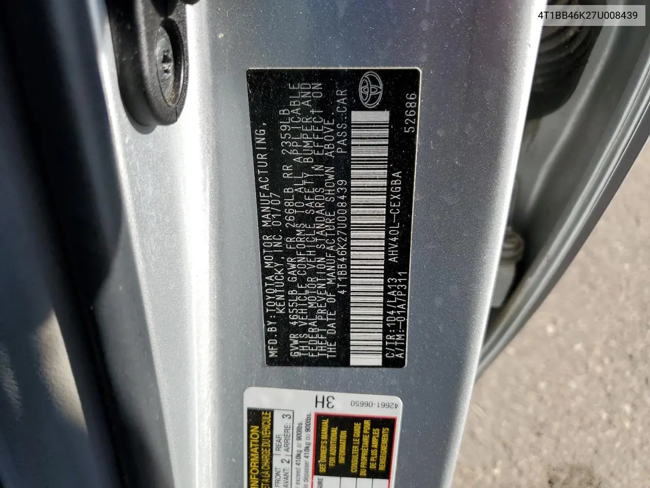 4T1BB46K27U008439 2007 Toyota Camry Hybrid