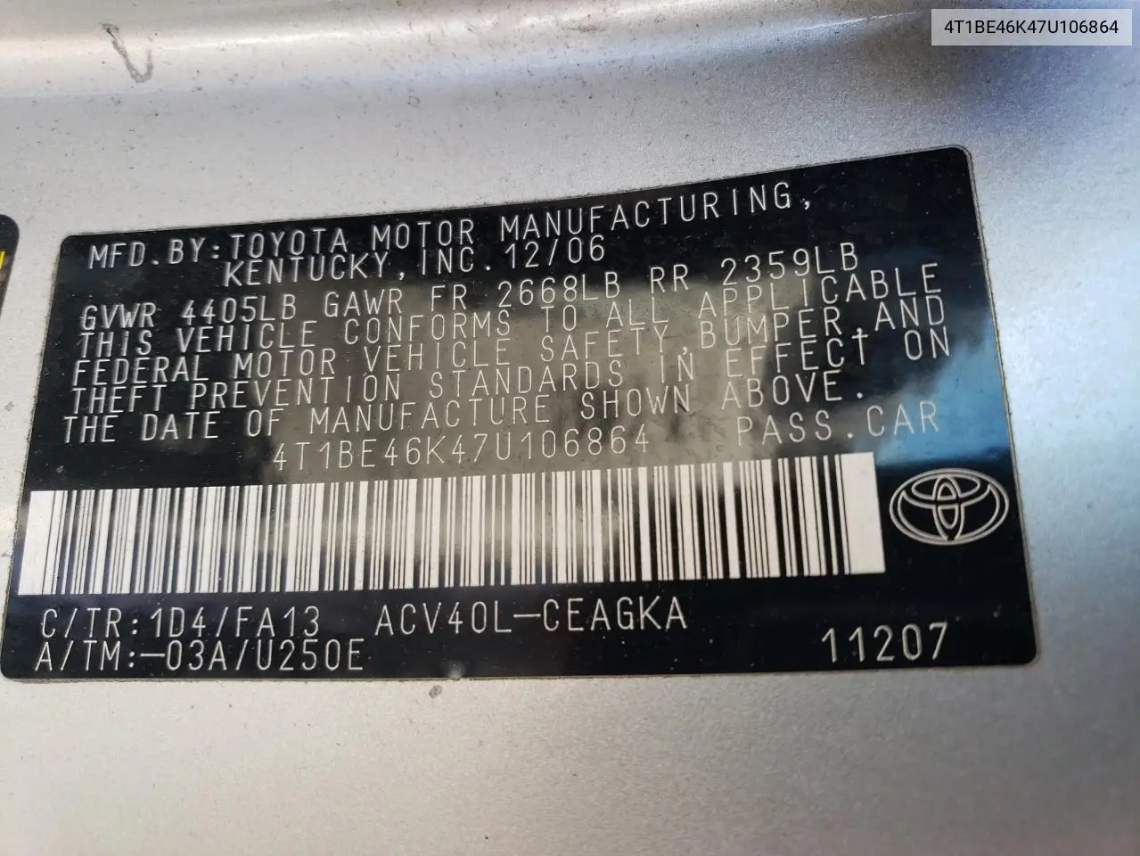 4T1BE46K47U106864 2007 Toyota Camry Ce