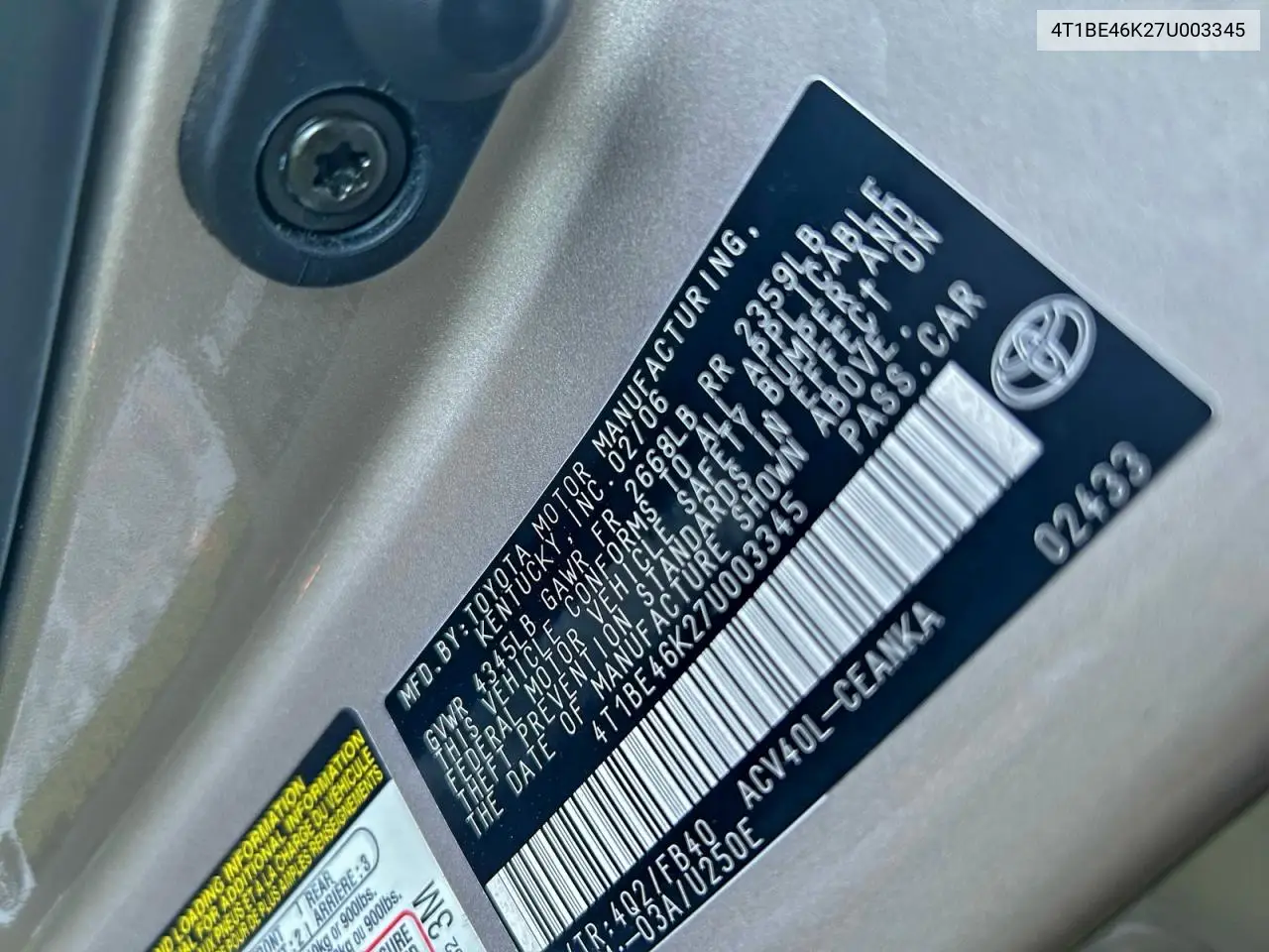 4T1BE46K27U003345 2007 Toyota Camry Ce