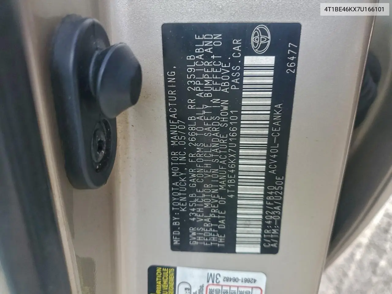 4T1BE46KX7U166101 2007 Toyota Camry Ce