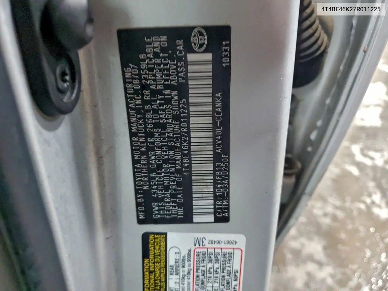 4T4BE46K27R011225 2007 Toyota Camry Ce