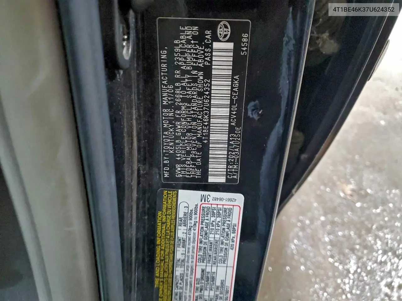 4T1BE46K37U624352 2007 Toyota Camry Ce