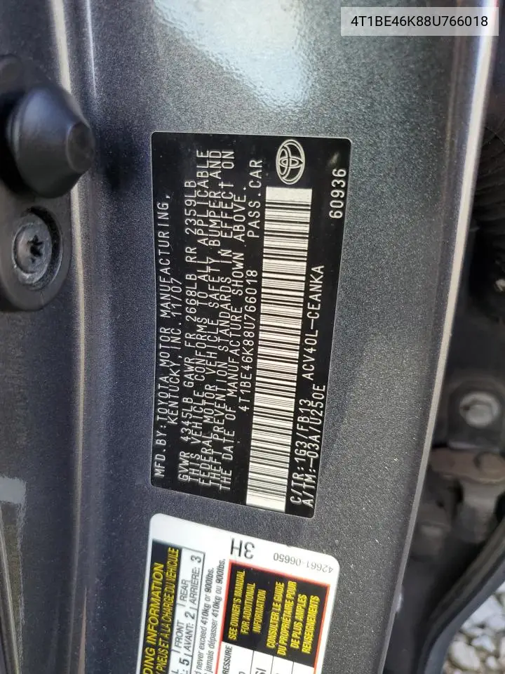 4T1BE46K88U766018 2008 Toyota Camry Ce